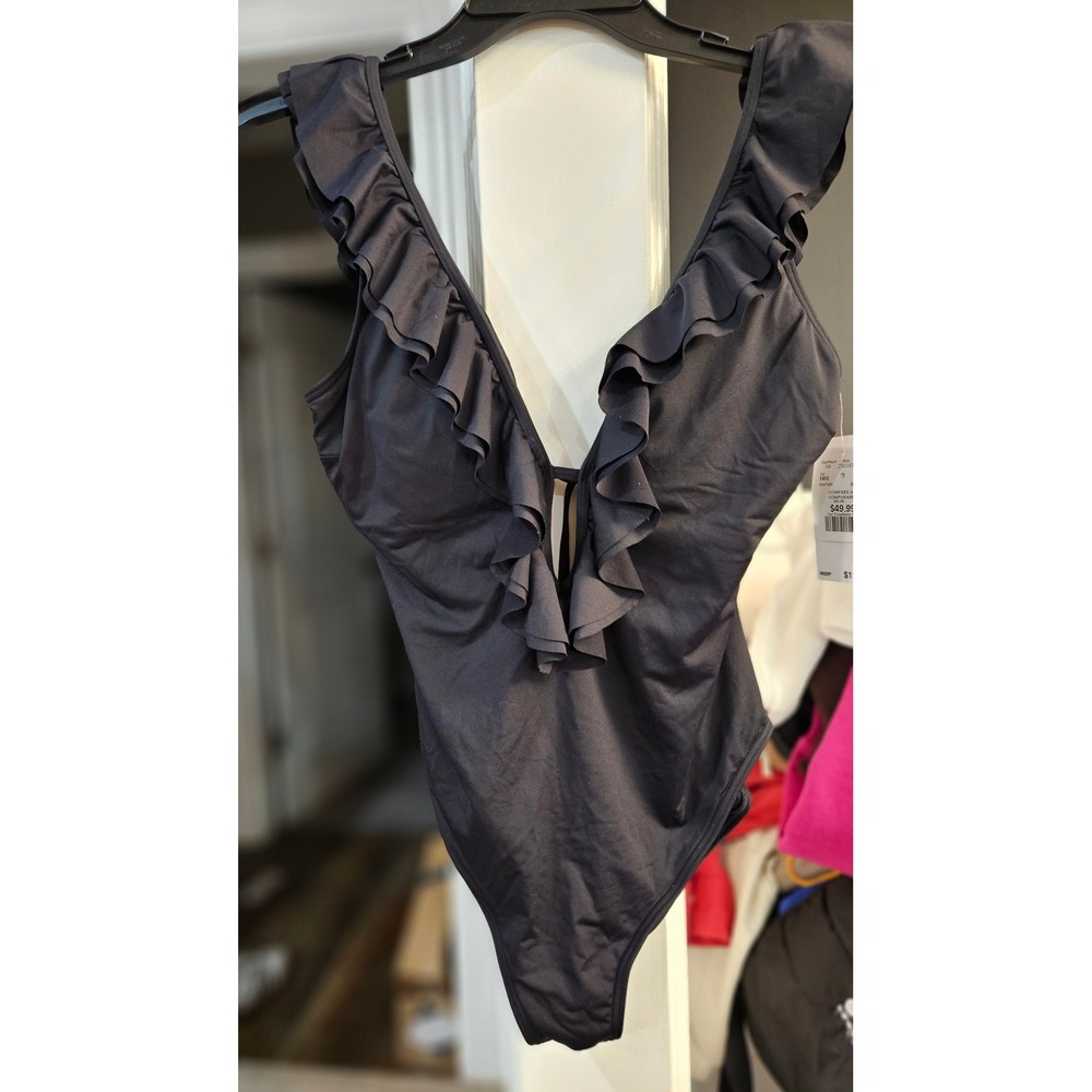NWT Boho Michael Kors Womens Black Ruffle V-Neck One-Piece Swimsuit  Size 14